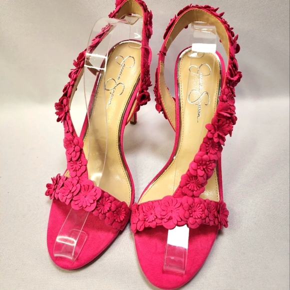 Jessica Simpson Pink Suede Floral Women's Heels - Picture 2 of 14